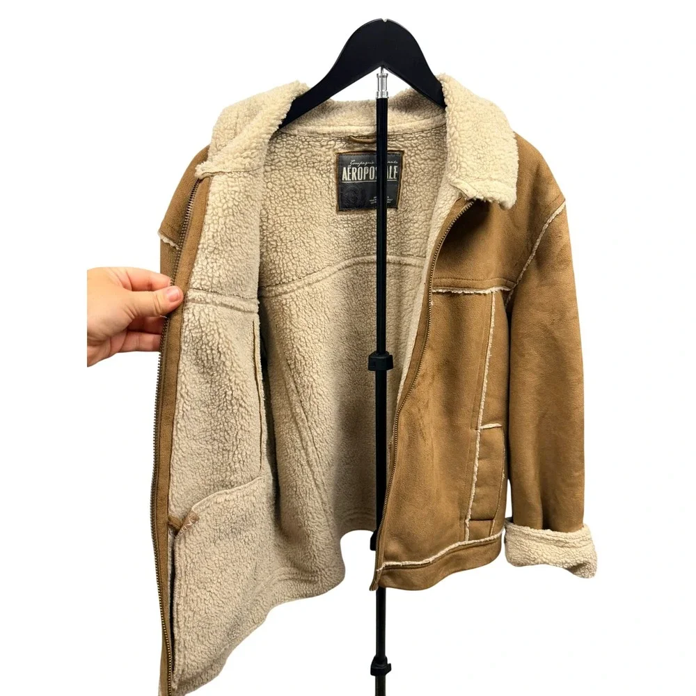 Aero VIntage Y2K Mens Suede Sherpa Lined Aviator Jacket Tan Brown Full Zip Large